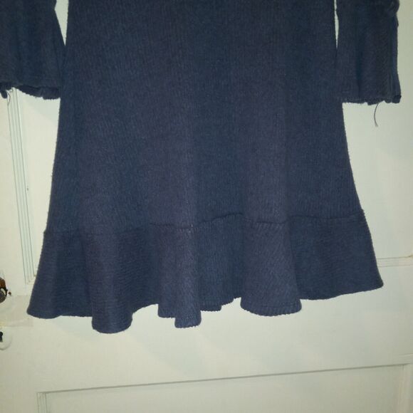 Lauren Conrad Mock Neck Ribbed Swing Dress-Small-3/4 Bell Sleeves-Ruffle Hem-Bow - Picture 4 of 10